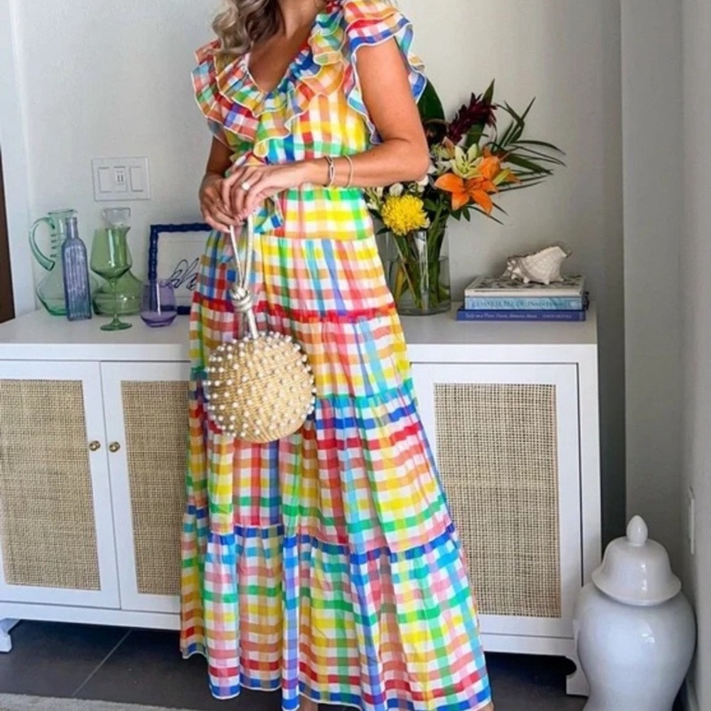 NWOT Eva Franco Perry Maxi Dress in Rainbow Tuscana Plaid, 2 | Poshmark