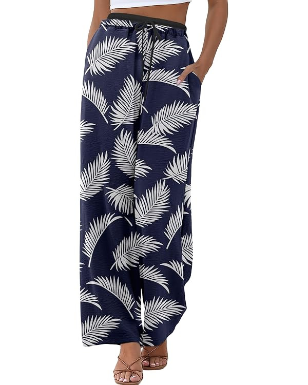 ONLYSTORY Womens Wide Leg Pants Flowy Hight Waist Adjustable Drawstring Palazzo Trousers Casual P... | Amazon (US)