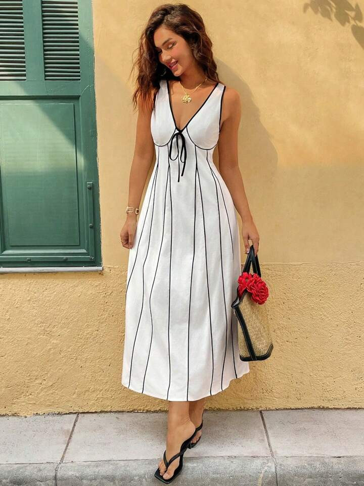 Franclia French Elegant Holiday V-Neck Sleeveless Decorative Tie-String Back Zipper Ladies Dress | SHEIN