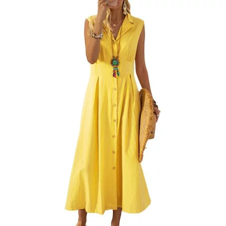 TheFound Summer Dresses for Women Loose Cotton Turn-Down Top Shirt Dress Ladies Knee Midi Sundress Maxi Dresses | Walmart (US)