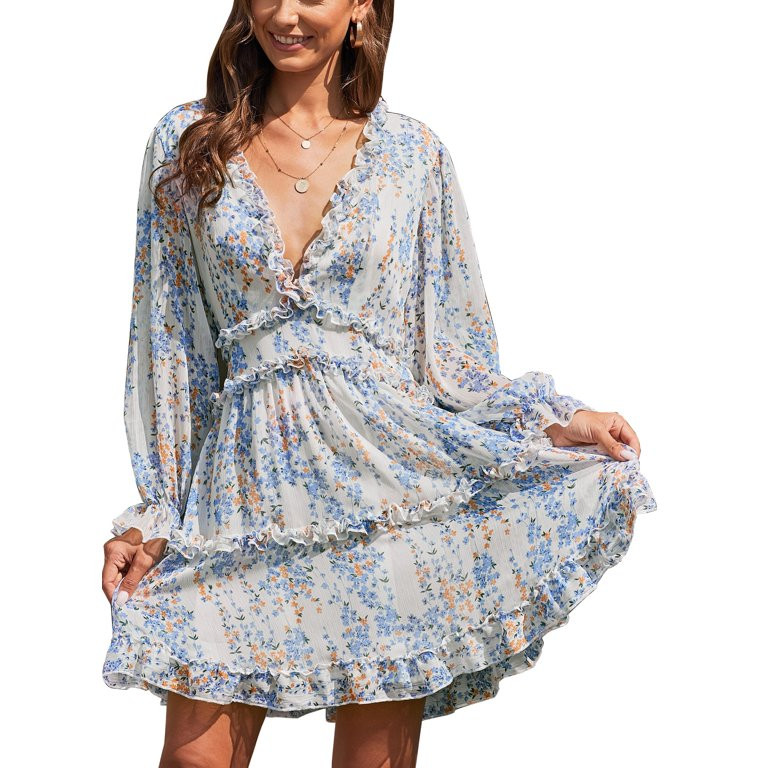 Dearlove Womens Spring Summer Deep V Neck Floral Print Mini Dress Ruffle Backless Long Sleeve A L... | Walmart (US)