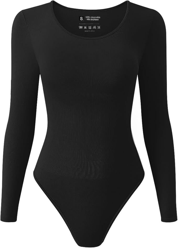 TDIFFUN Womens Long Sleeve Bodysuits Shapewear Seamless Ribbed Crew Neck One Piece Sexy Body Shap... | Amazon (US)