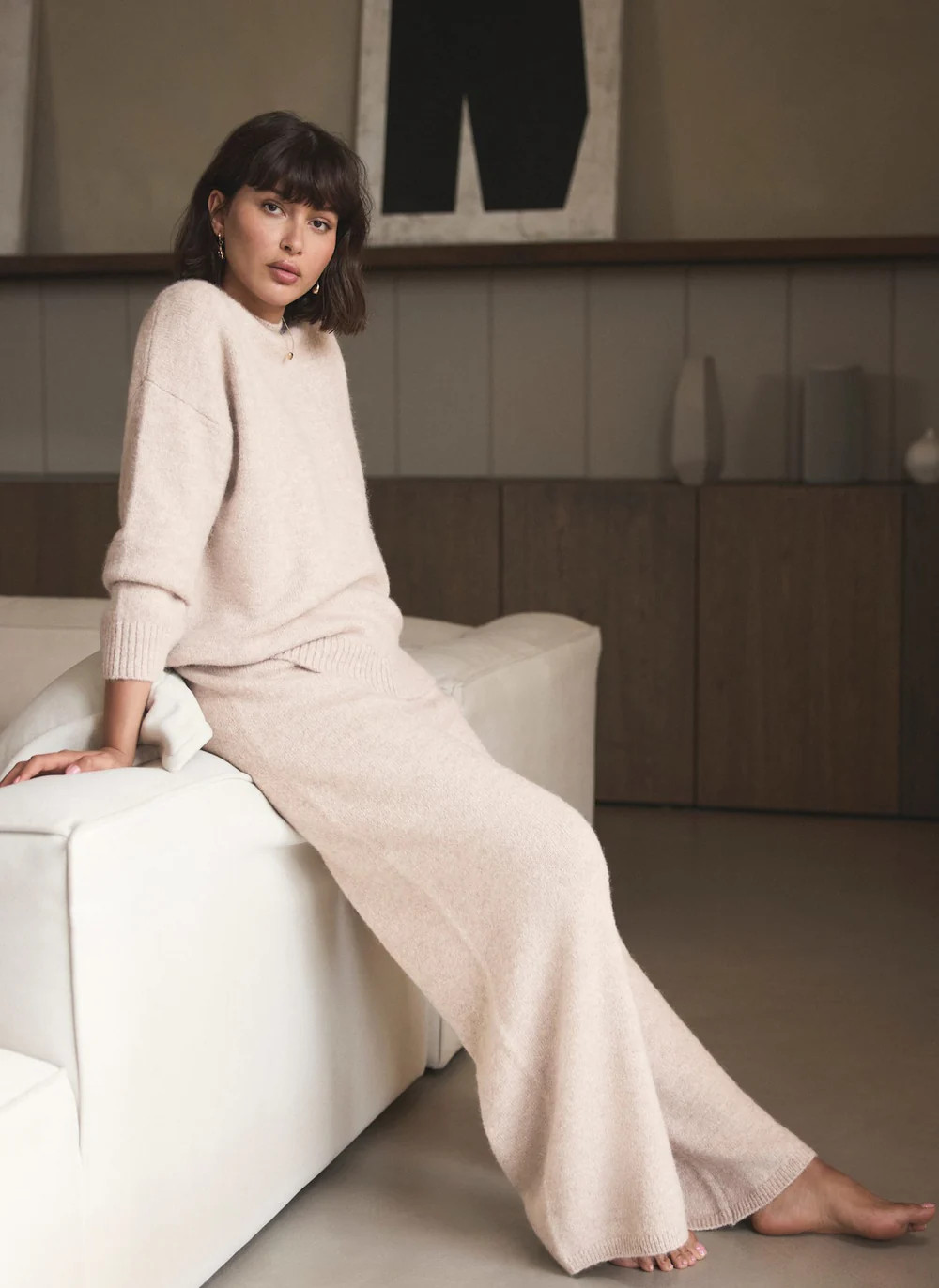 Neutral Wool Blend Wide Leg Trousers | Mint Velvet