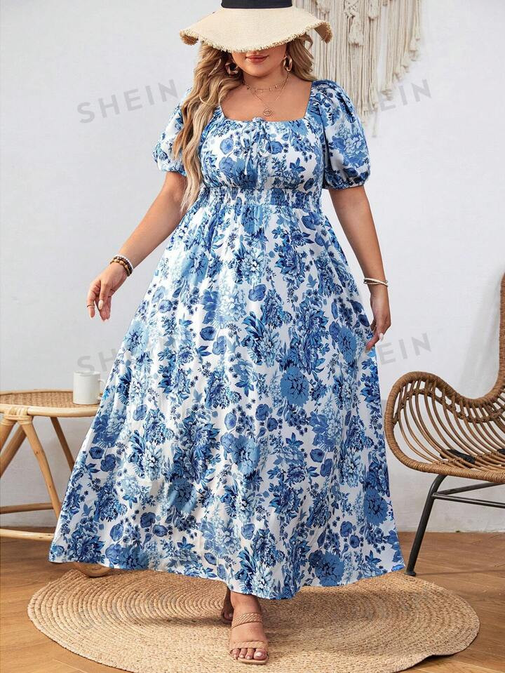 SHEIN VCAY Plus Floral Print Puff Sleeve Ruffle Hem Dress | SHEIN