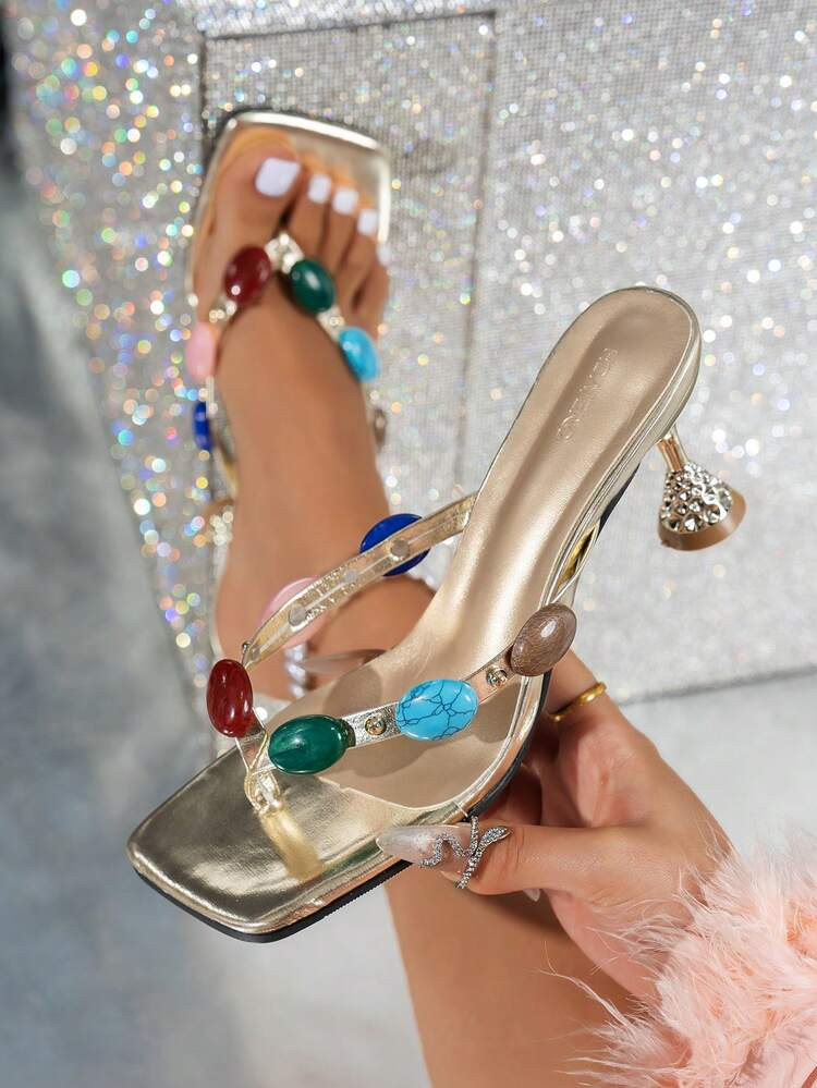 Fashionable High Heel Sandals, New Design With Colorful Jewel Decor, Narrow Strap Women's Flip Flops, Summer Party, Wedding, Banquet, Gold Color Ladies High Heel Sandals | SHEIN