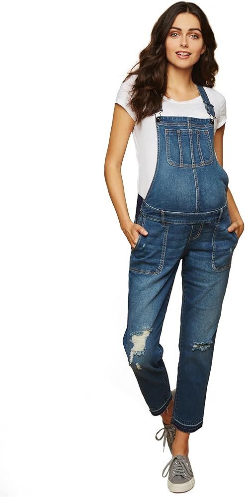 Women's Maternity Indigo Blue Side Panel Skinny Ankle Length Denim Overalls | Amazon (US)