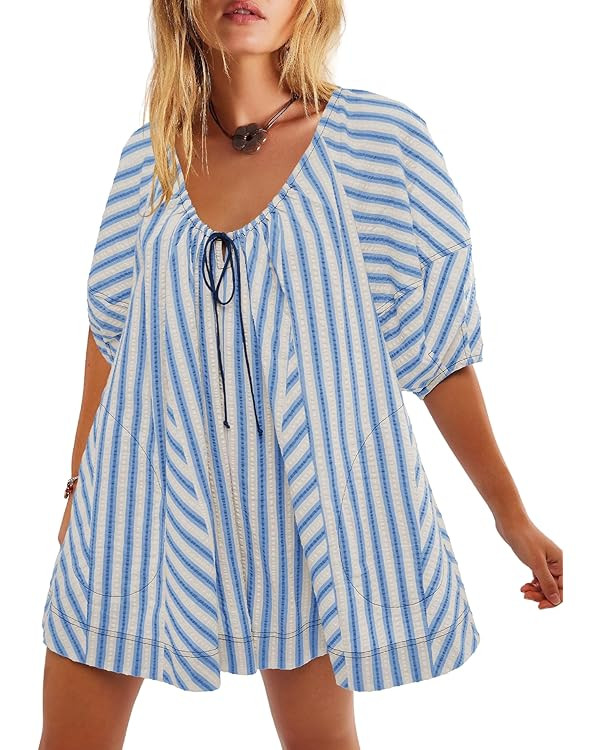 Yanekop Womens Romper Dress with Shorts Striped Romper Overall Oversized Short Jumpsuit V Neck Pu... | Amazon (US)