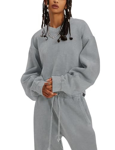 Flygo Women Sweat Set Sweatsuit Fleece 2 Piece Joggers Tracksuit Outfits Crop Sweatshirt Sweatpants Sets(GreyHeather-S) | Amazon (US)
