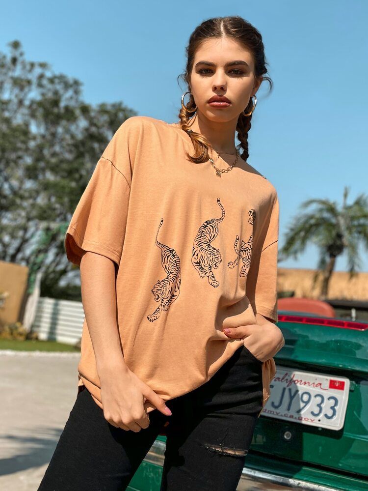 Tiger Print Drop Shoulder Tee | SHEIN