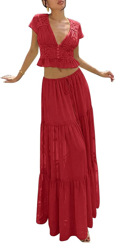 Famnbro Women Summer 2 Piece Skirt Sets Short Sleeve V Neck Lace Top Flowy Ruffle Maxi Skirts Vac... | Amazon (US)