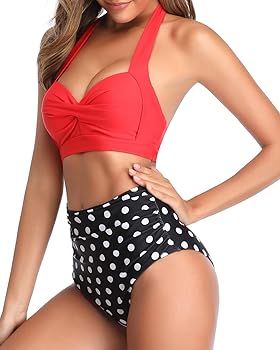 Tempt Me Women Vintage Swimsuit Two Piece Retro Halter Ruched High Waist Bikini | Amazon (US)