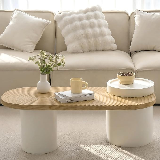 Oval Coffee Table, Living Room Table with Tree Ring Design, Morden Solid Wood Center Table with S... | Amazon (US)