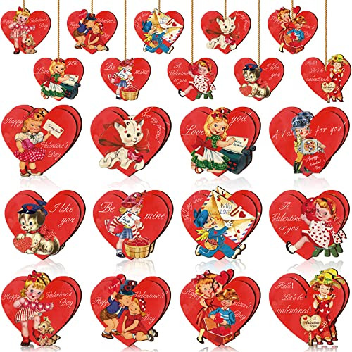 Karenhi 24 Pcs Vintage Valentine Day Tree Ornaments Easter Wooden Ornaments St. Patrick's Day Tree Decoration with Rope for Crafts Holiday Hanging Cutouts Decoration for Home(Heart Style) | Amazon (US)