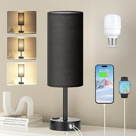Fenmzee Black Bedroom Lamp for Nightstand - 3 Way Dimmable Bedside Lamp USB C A Charging Ports an... | Amazon (US)