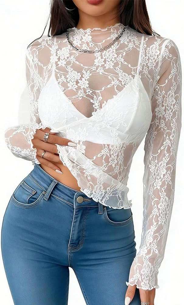 Womens Sexy Lace Top Long Sleeve Mesh Tshirt Lace Undershirt Sheer Shirts Slim Fitted Blouses | Amazon (US)