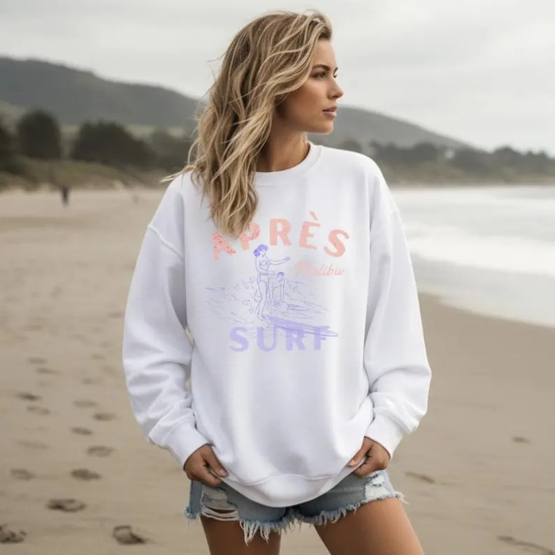 Apr\u00e8s Surf Lightweight Cotton Crewneck | Vintage Malibu Sun-washed Graphic - Etsy | Etsy (Global)