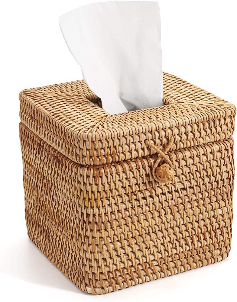 Rattan Square Tissue Box Cover, 5.7" x 5.7" x 5", Decorative Woven Facial Tissue Holder with Hing... | Amazon (US)