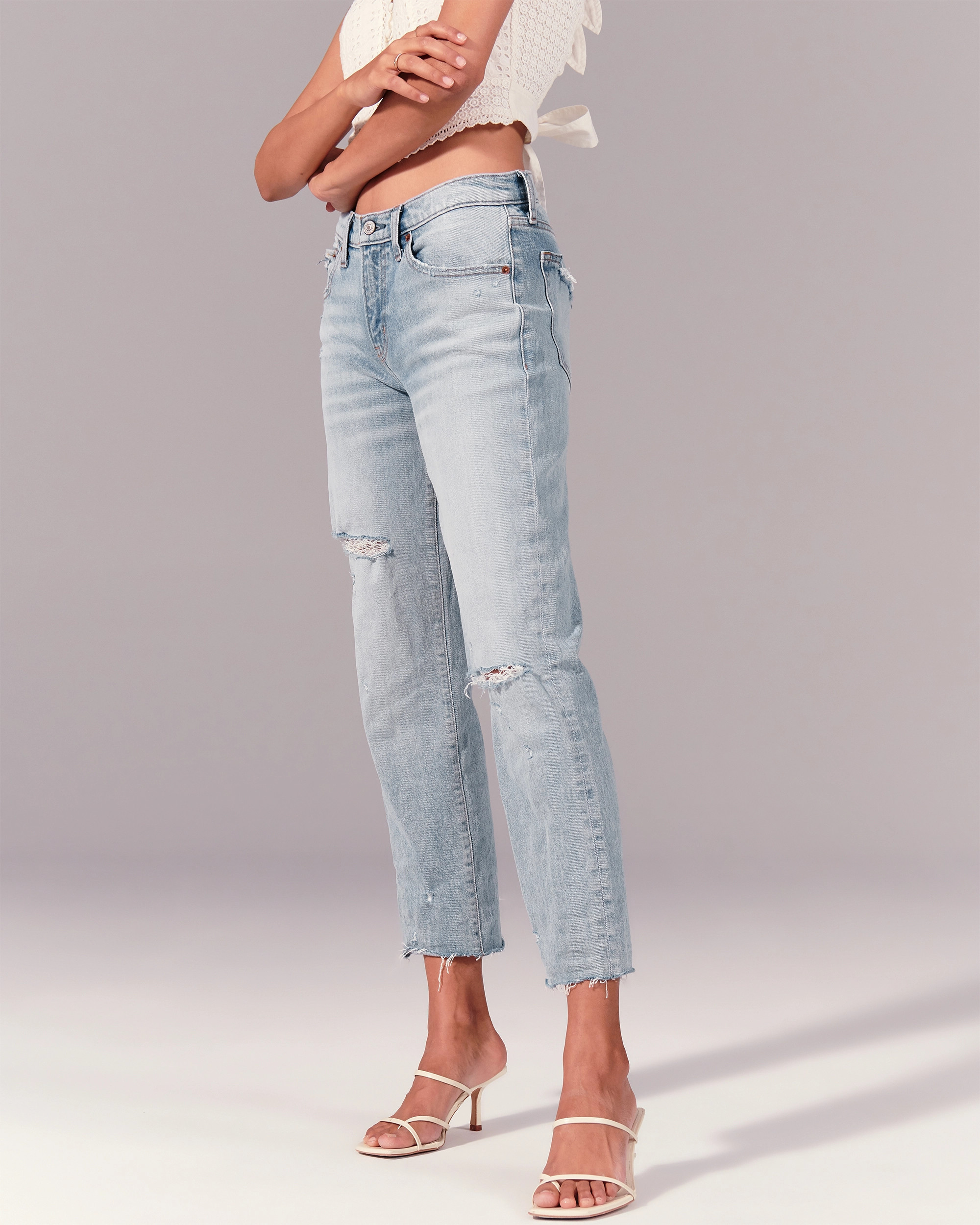 Ripped Mid Rise Boyfriend Jeans | Abercrombie & Fitch (US)