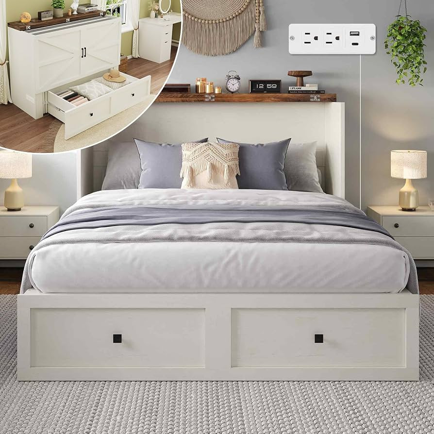 LUXOAK Murphy Bed with Charging Station, Queen Size Cabinet Bed with Large Storage Drawer for Hom... | Amazon (US)