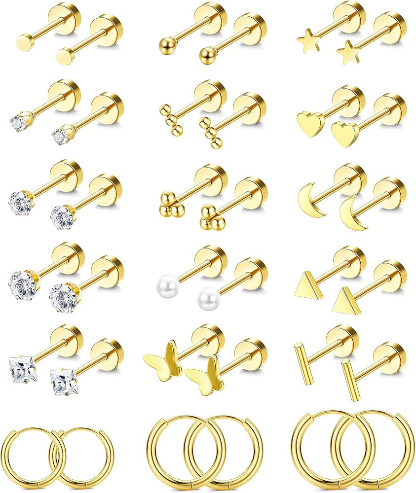 Jstyle Small Hypoallergenic Flat Back Stud Earrings for Women Men, 14K Gold Surgical Stainless St... | Amazon (US)
