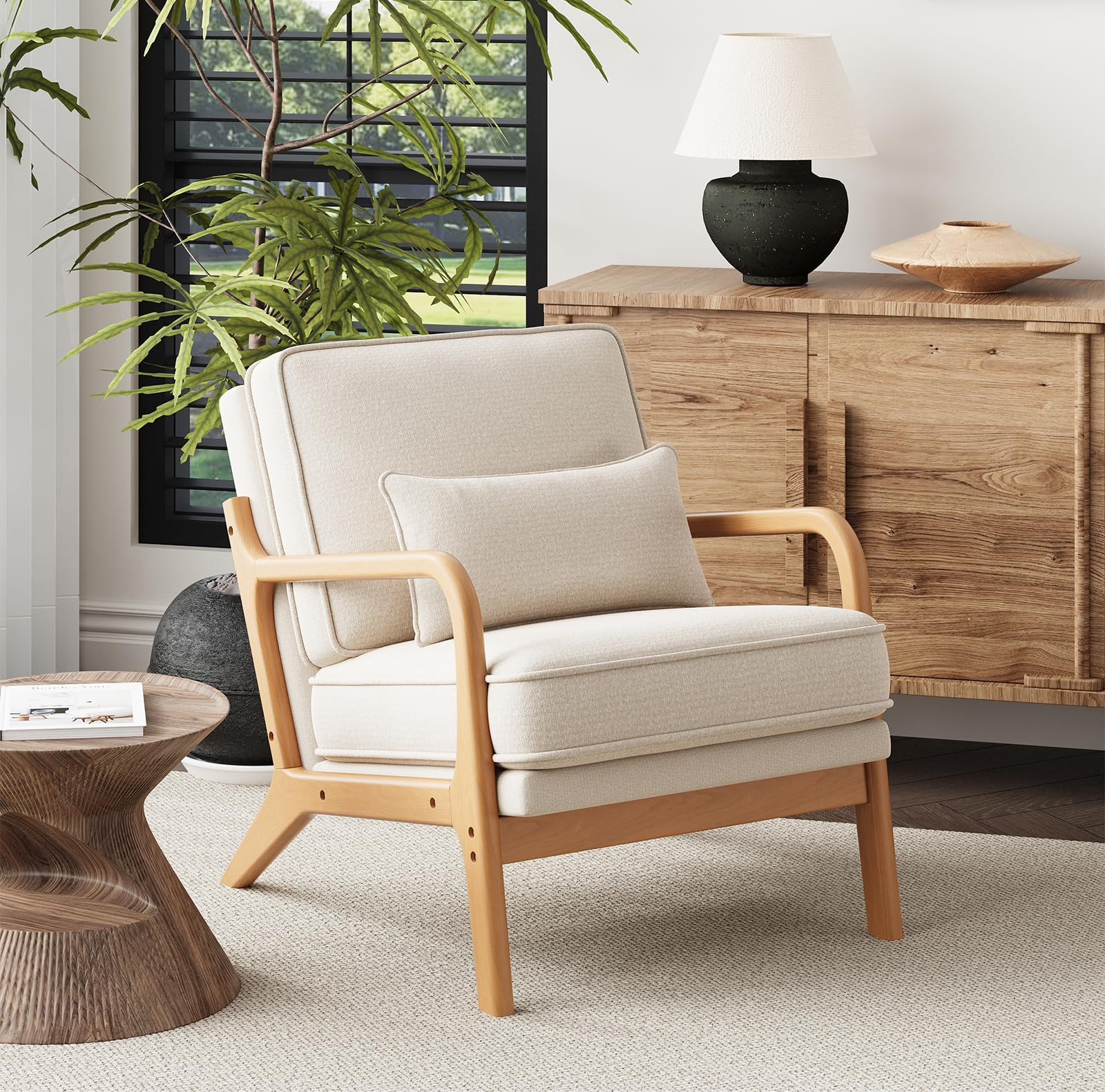 MALOL Mid-Century Accent Chair with Solid Wood Frame, Reading Relaxing Armchair Lumbar Pillow& So... | Amazon (US)