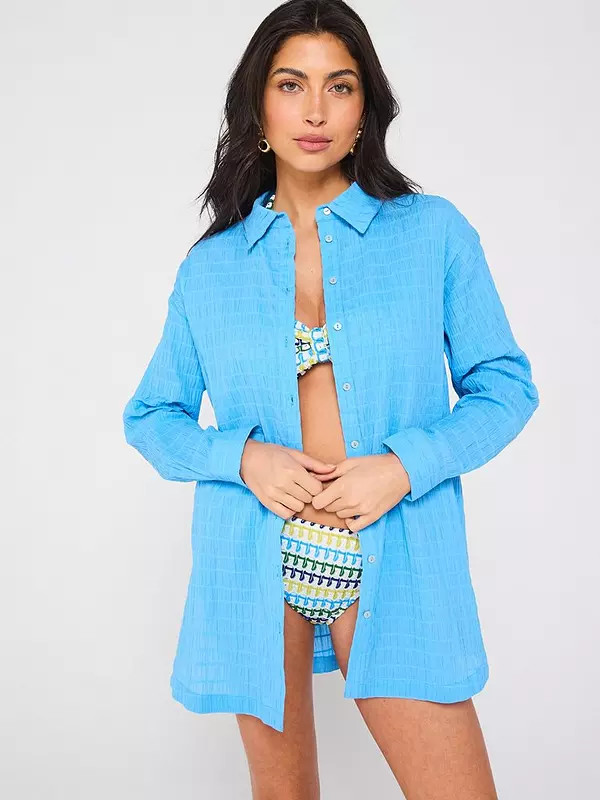 V by Very Seersucker Oversized Beach Shirt - Blue | Very (UK)