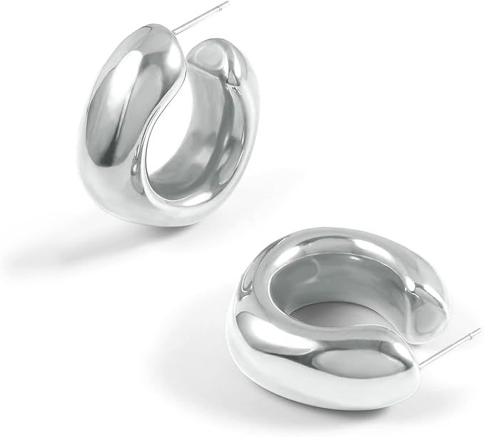 Thick Silver Chunky Hoop Earrings Lightweight Open Hoops For Women | Amazon (US)