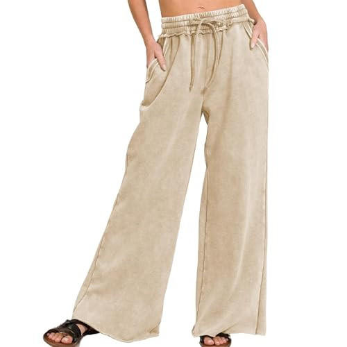 Sujama Women’s Acid Wash Palazzo Sweatpants Casual High Waist Washed Wide Leg Pants Baggy Drawstring Trousers with Pockets Khaki | Amazon (US)