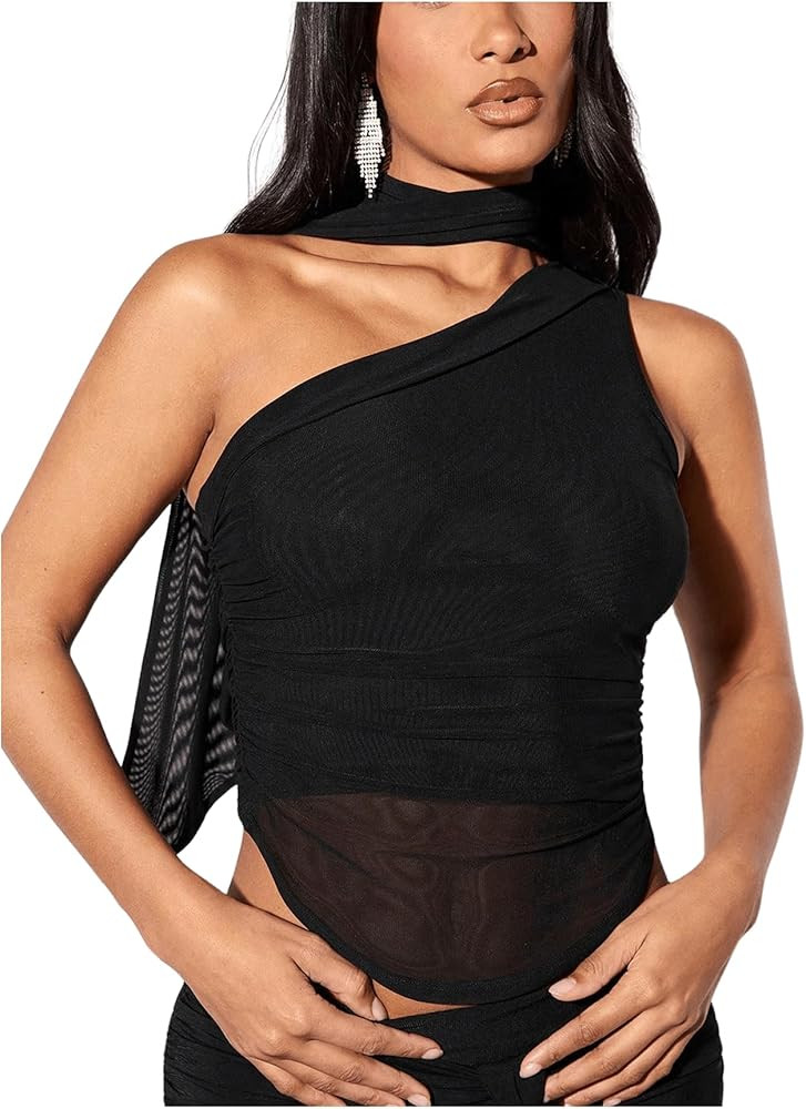 GORGLITTER Women's Halter Going Out Tank Top with Scarf One Shoulder Ruched Asymmetrical Crop Top... | Amazon (US)