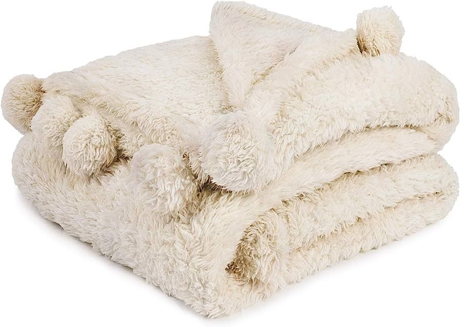 PAVILIA Cream Sherpa Throw Blanket for Couch, Pom Pom | Fluffy Plush Soft Blanket for Sofa Bed | Sha | Amazon (US)