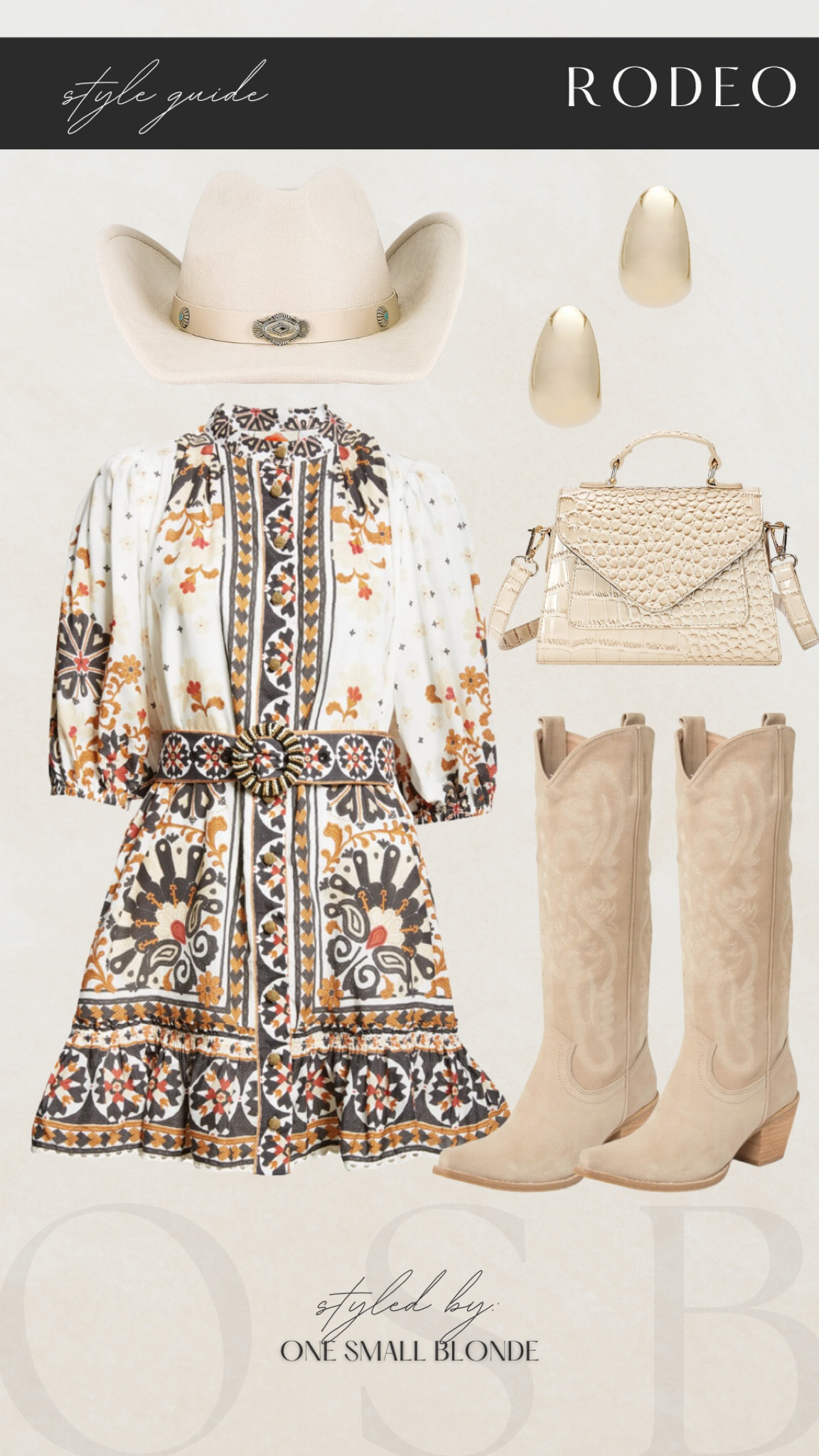 Rodeo outfit style idea 🖤 belted mini dress, cream cowgirl boots, western hat, gold earrings and crocodile bag 

#LTKstyletip #LTKparties #LTKSeasonal