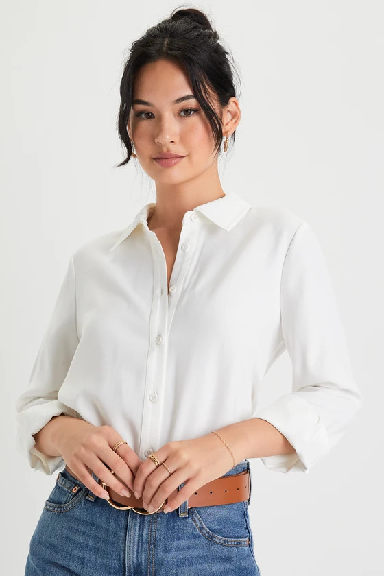 Totally Polished Ivory Long Sleeve Button-Up Top | Lulus