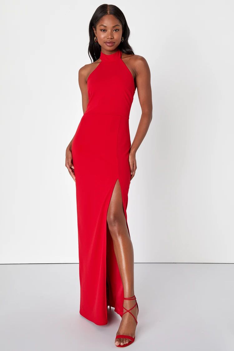 Remarkable Elegance Red Backless Halter Column Maxi Dress | Lulus (US)