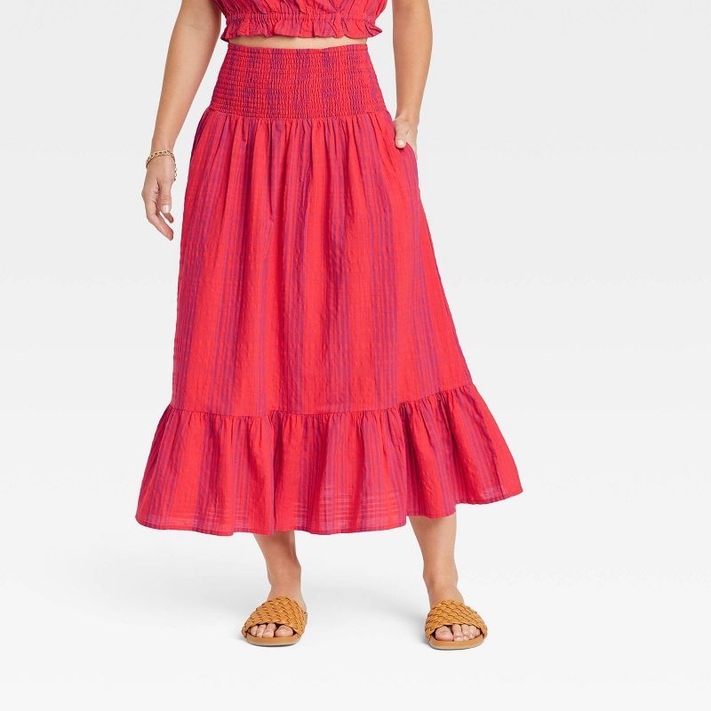 Women&#39;s Smocked Waist Midi Skirt - Universal Thread&#8482; Red Striped L | Target