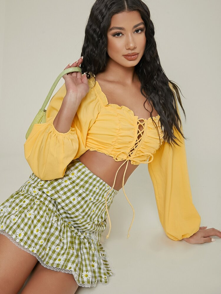 Lace Up Front Puff Sleeve Milkmaid Top | SHEIN