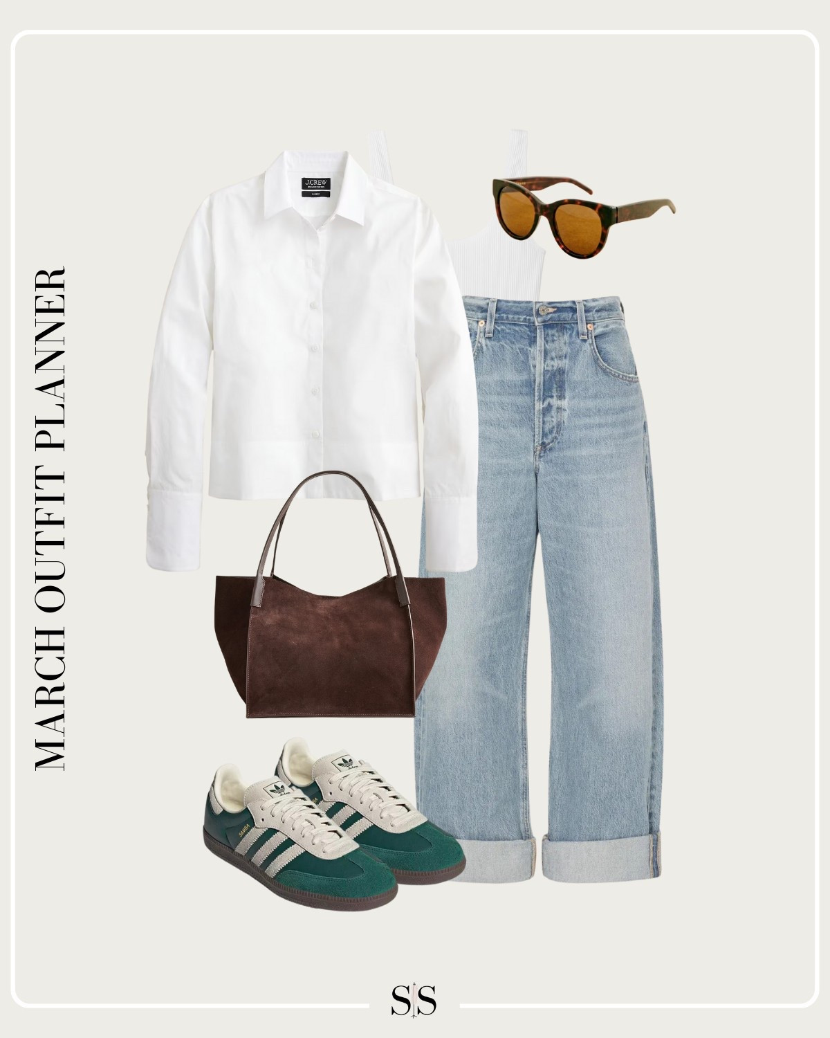 Monthly outfit planner MARCH: Winter to Spring transitional looks | cropped button down, loose cuffed jean, green sneakers, suede tote 

#springoutfit #casualstyle #springfashion 

#LTKStyleTip