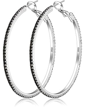 925 Sterling Silver Earrings Large Rhinestone Hoop Earrings Big Cubic Zirconia Hoop Earrings Thin... | Amazon (US)