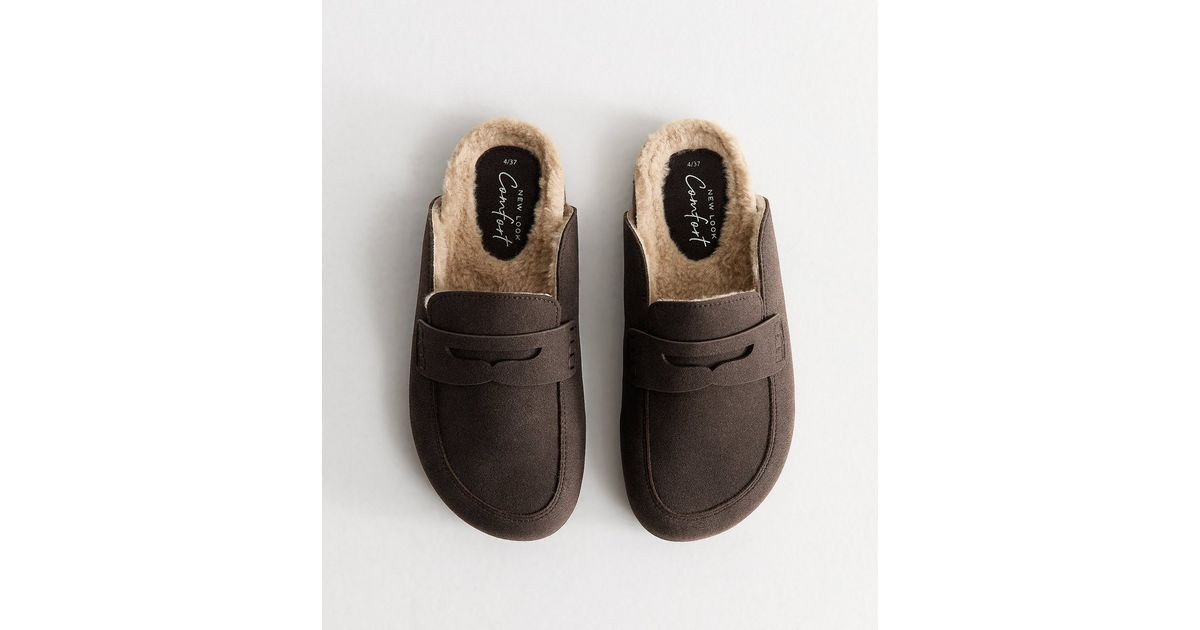 Women's Dark Brown Faux Suede Borg Loafer Mules Vegan New Look | New Look (UK)
