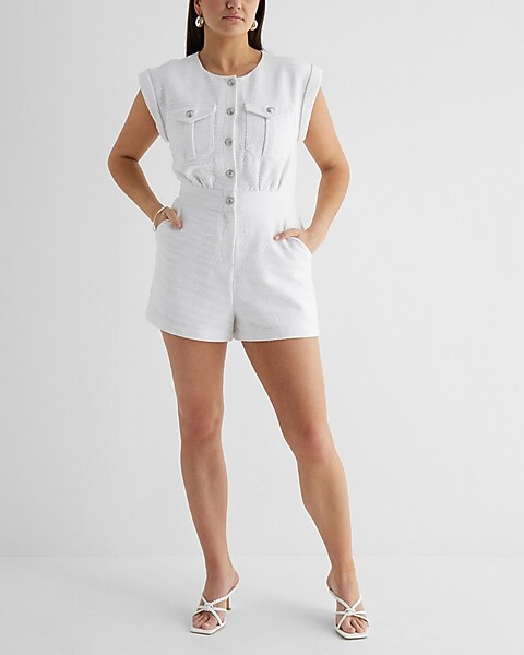 Boucle Tweed Sleeveless Utility Romper | Express