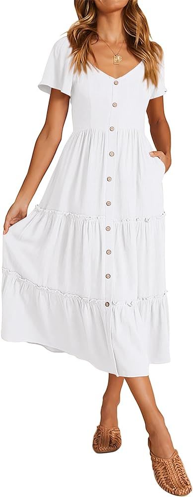 KIRUNDO Womens Summer Dresses 2024 Casual Short Sleeve Button V Neck Tiered A Line Flowy Beach Mi... | Amazon (US)
