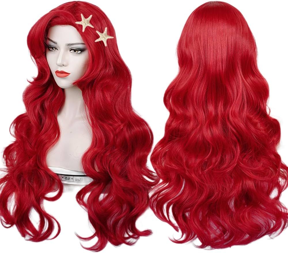 LABEAUTÉ Max Beauty Red Mermaid Wigs with Starfish Hair Clips, Curly Long Hair Daily Wig Heat Re... | Amazon (US)