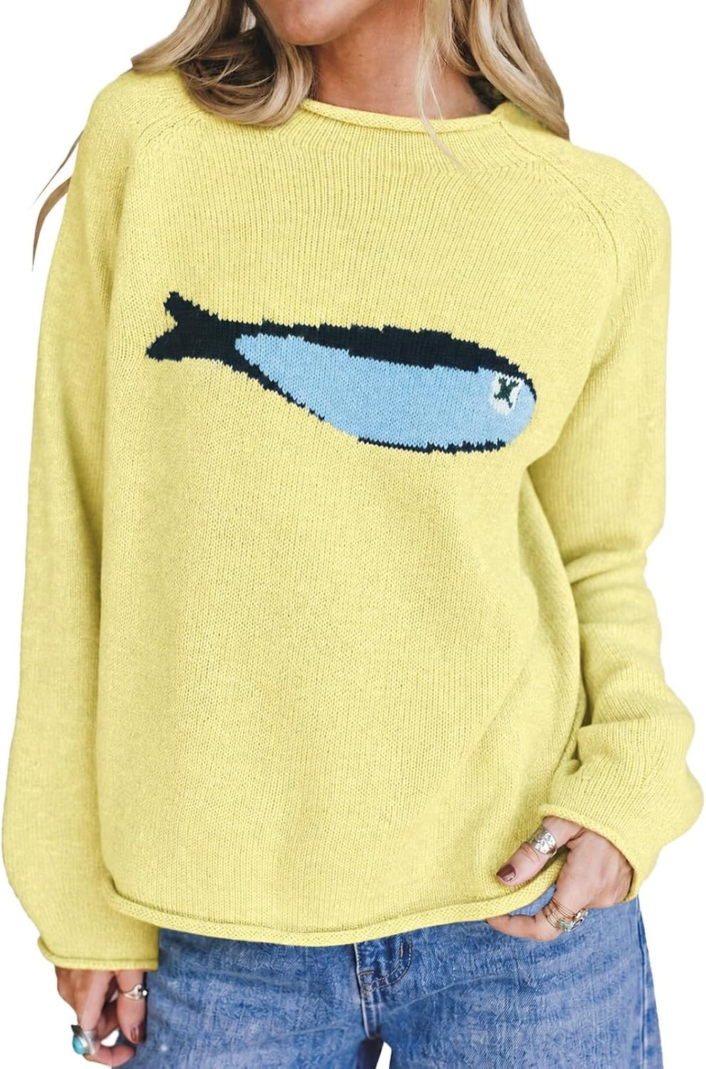 Tankaneo Womens Fish Graphic Oversized Sweaters Lightweight Knit Pullover | Amazon (US)