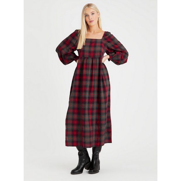 Buy Red Check Puff Sleeve Midi Dress 8 | Dresses | Tu | Tu Clothing