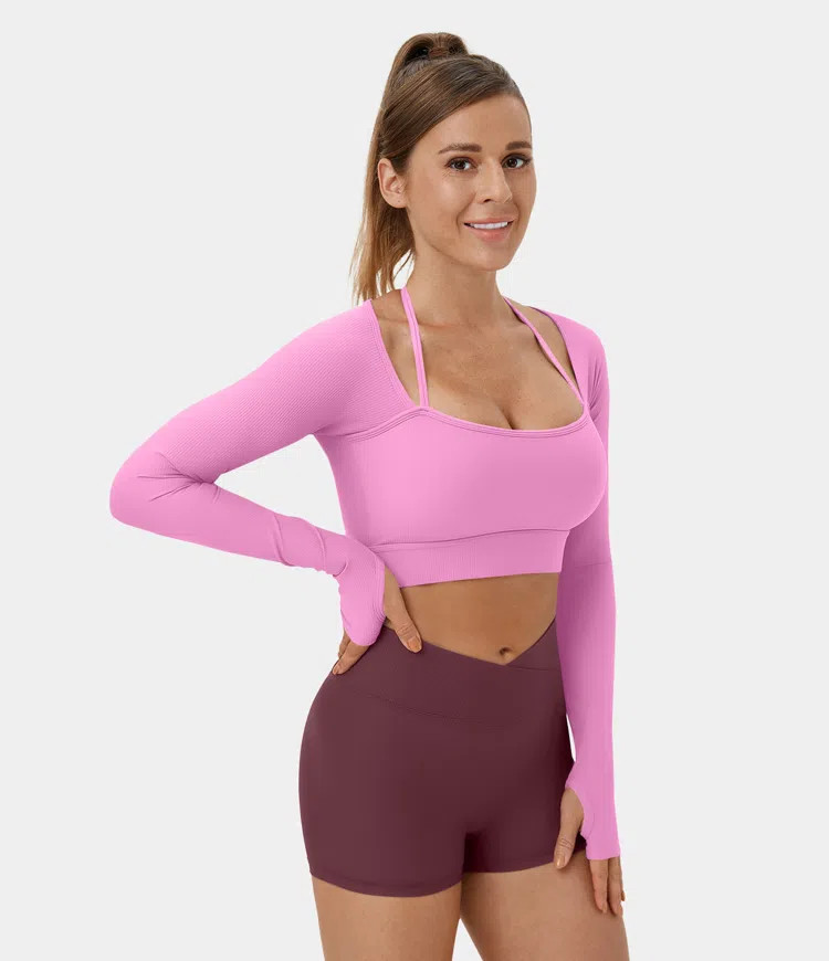 Ribbed Halter Strap Thumb Hole Cropped Yoga Sports Top | HALARA