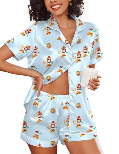 Ekouaer Satin Pjs for Women Silky Soft Sleepwear Summer Short Pjs Button Up Notch Collar Loungewear 2 Piece Pajama Set,Light Blue Croissant,M | Amazon (US)