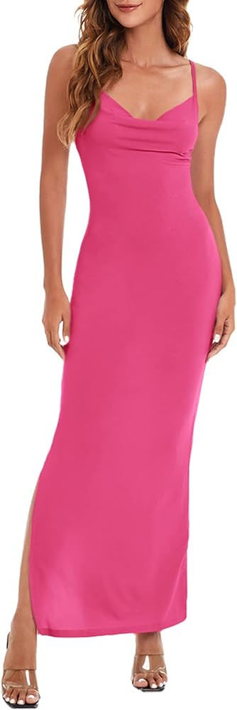 Verdusa Women's Cowl Neck Split Side Spaghetti Strap Long Cami Dress | Amazon (US)