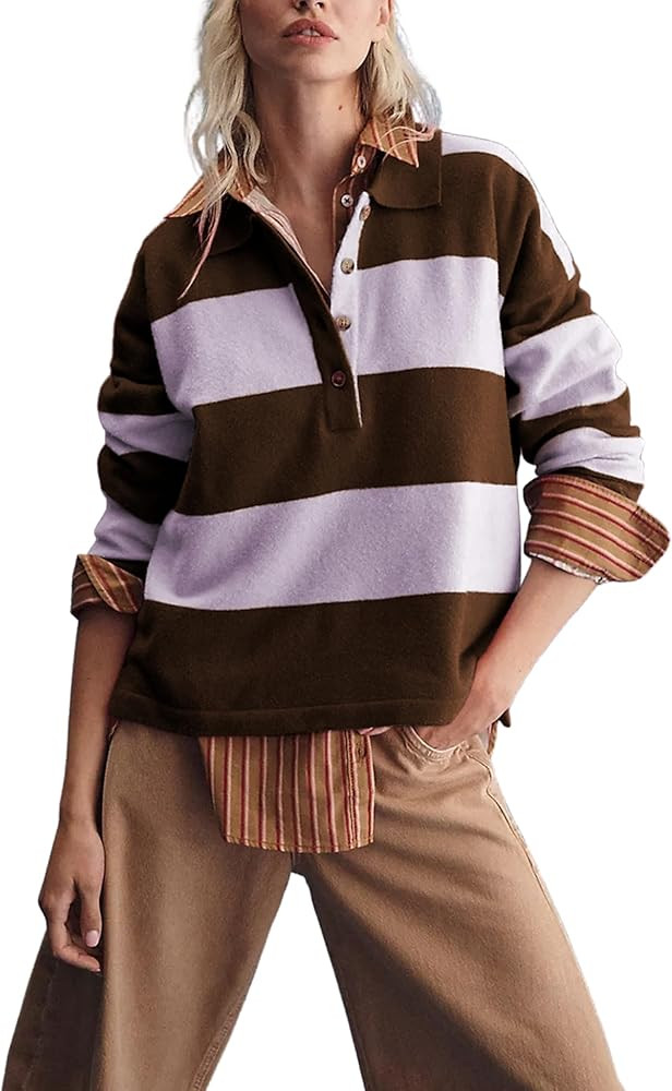 Omoone Cute Striped Polo Sweater Women Fall Lapel V Neck Colorblock Knit Tops Winter Long Sleeve ... | Amazon (US)