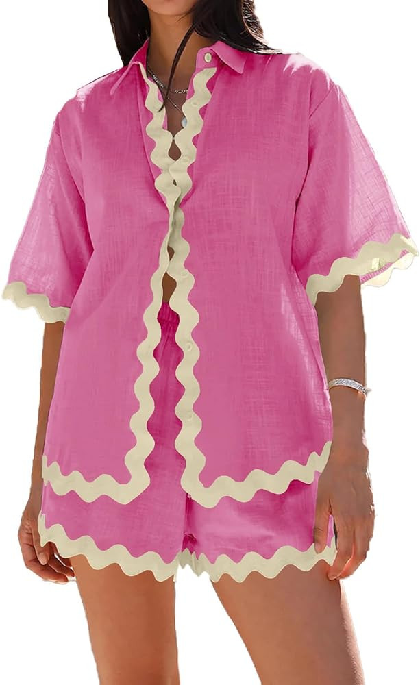 Womens 2024 Summer 2 Piece Matching set Summer Beach Outfits Long Sleeve Oversized Shirts And Sho... | Amazon (US)
