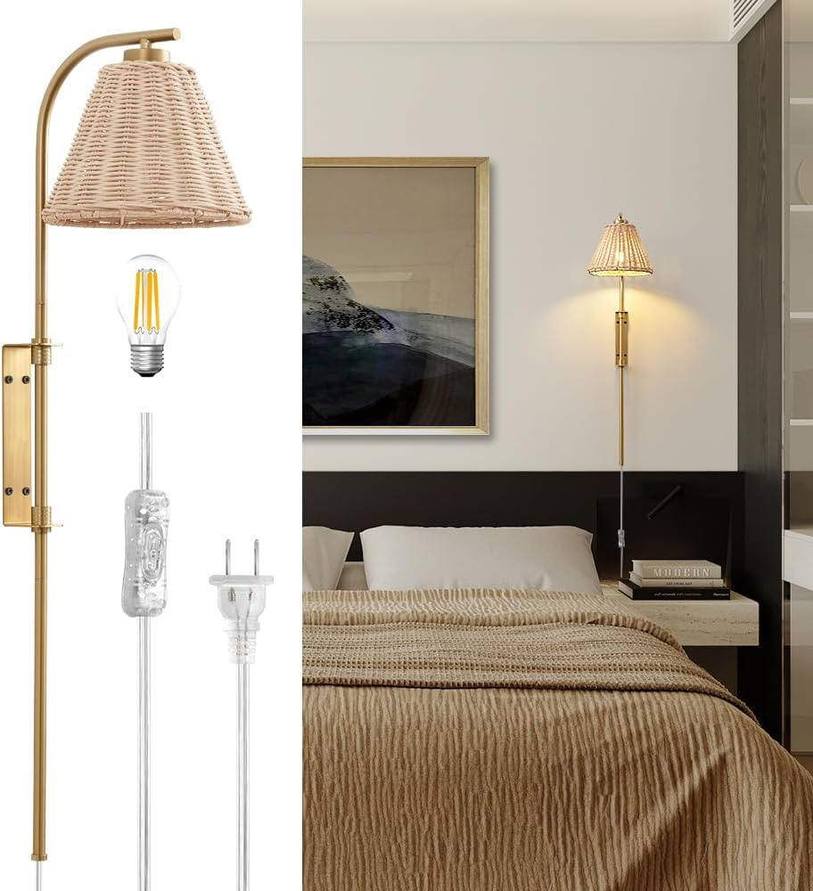 Rattan Wall Sconces Set of 2, Plug in Wall Lamp Fixture Bedroom Bedside Wall Lamps, Gold Wall Lig... | Amazon (US)