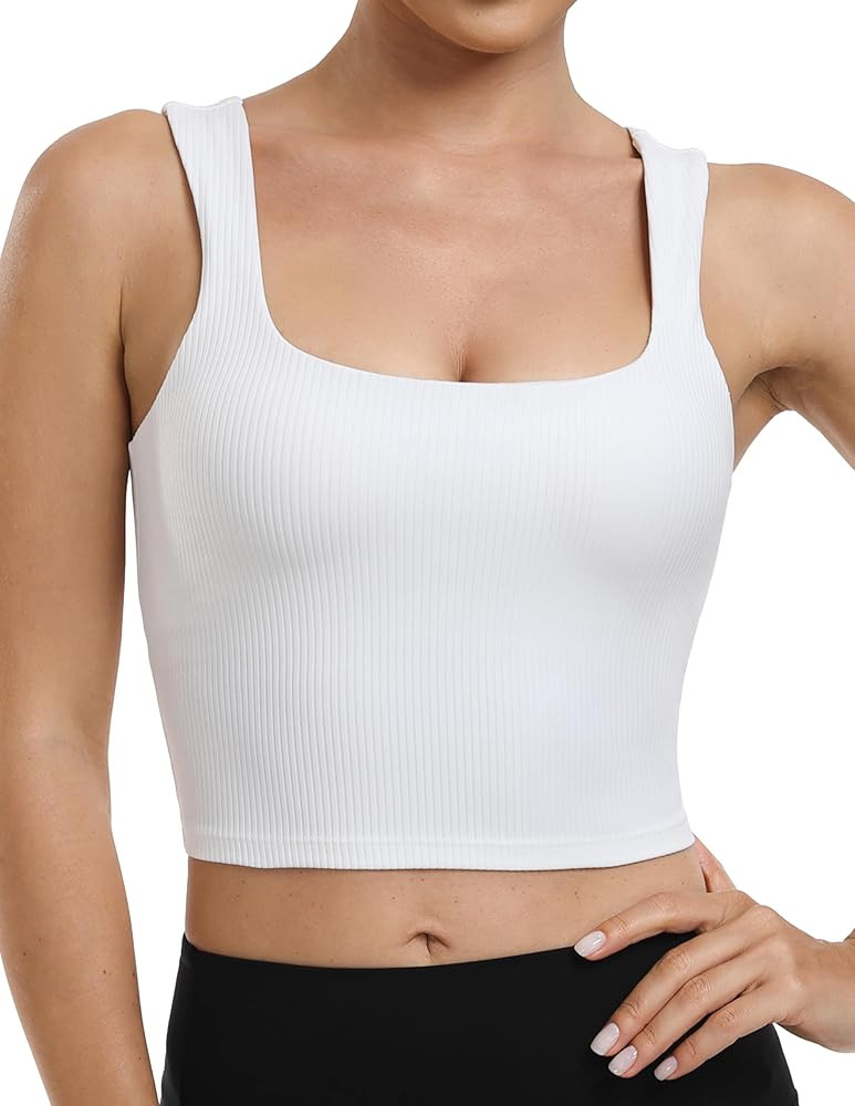 YUNOGA Womens Longline Sports Bra Square Neck Ribbed Yoga Bra Workout Crop Tank Tops with Built i... | Amazon (US)